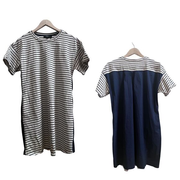 Theory Cream Blue Relaxed Fit Striped Combo Pocket Shift Shirt Dress Size Medium - Picture 2 of 12
